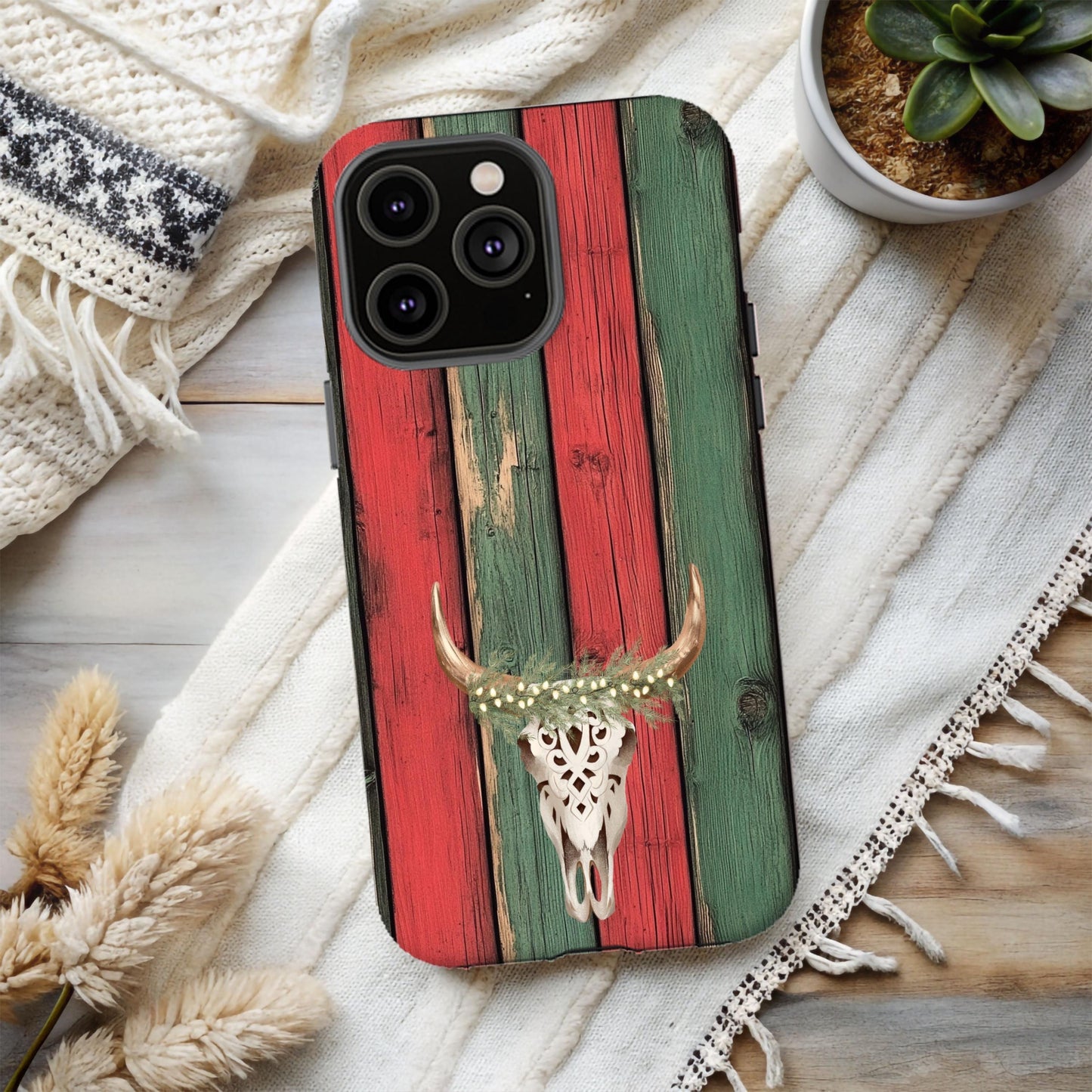 Western Christmas Phone Case, Country Xmas Cover, Cowboy Holiday Cell Accessory, Cowgirl Gifts for Her, Cow Skull, iPhone Samsung Google