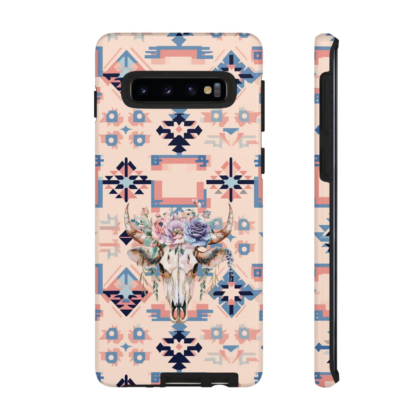 Phone Case, Cowgirl Case Pink Aztec Phone Cover with Boho Floral Cow Skull Design for iPhone 15 14 13 12 Samsung S23 S22 S21, Gifts for Her