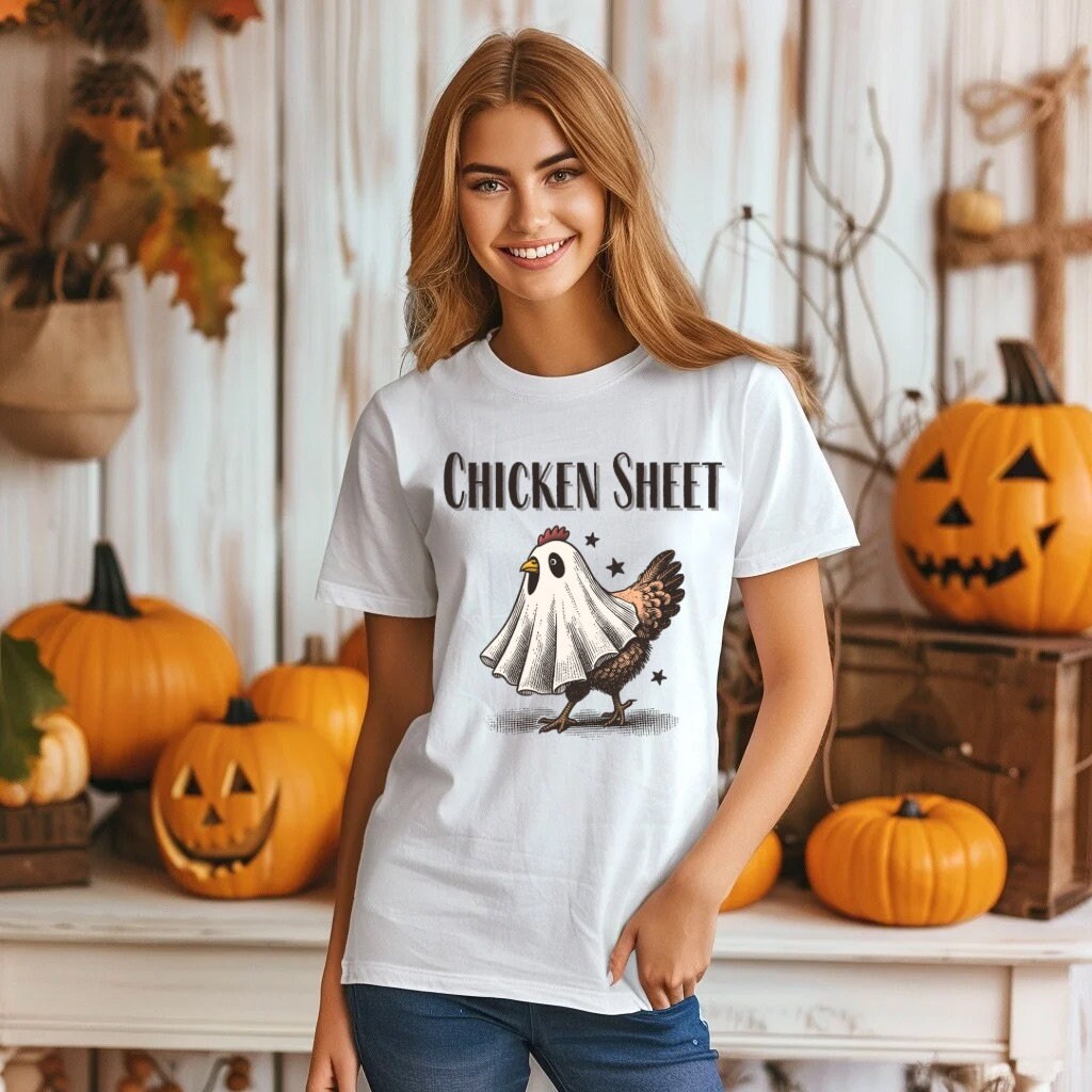 Chicken Halloween Shirt Western Halloween Shirt Chicken Sheet T-Shirt Ghost Cowboy Hat and Guitar Graphic Tee