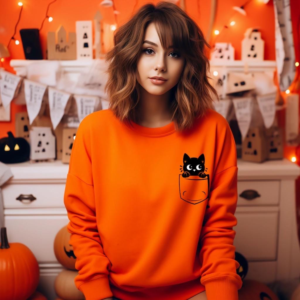 Halloween Shirt, Pocket Cat Sweatshirt, Spooky Boo Halloween Sweatshirt with Cute Trendy Kitty - Fun Trick or Treat Sweater Gifts for Her