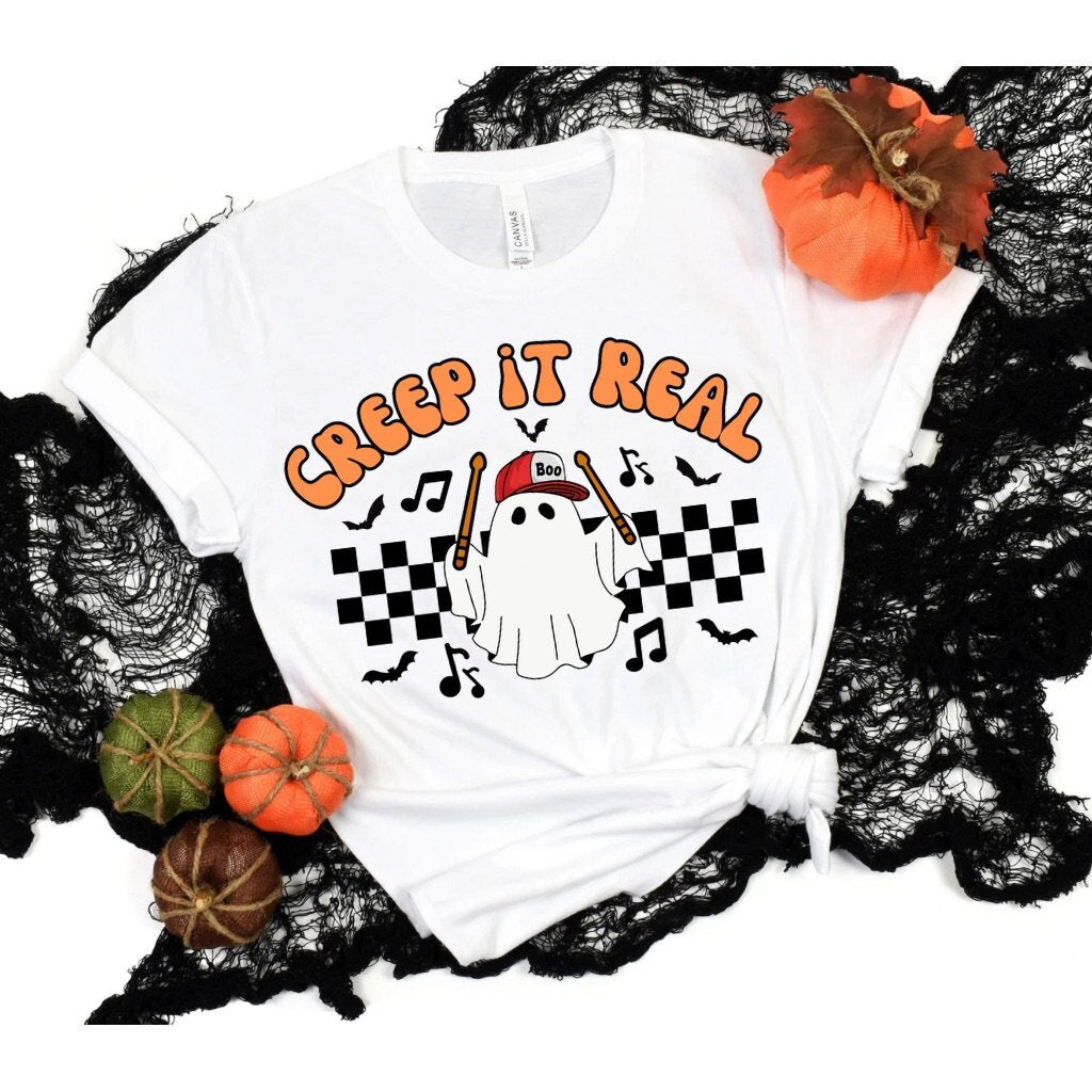 Halloween Shirt Creep It Real Retro Drummer Ghost Halloween T-Shirt Musician Gifts for Her 80s