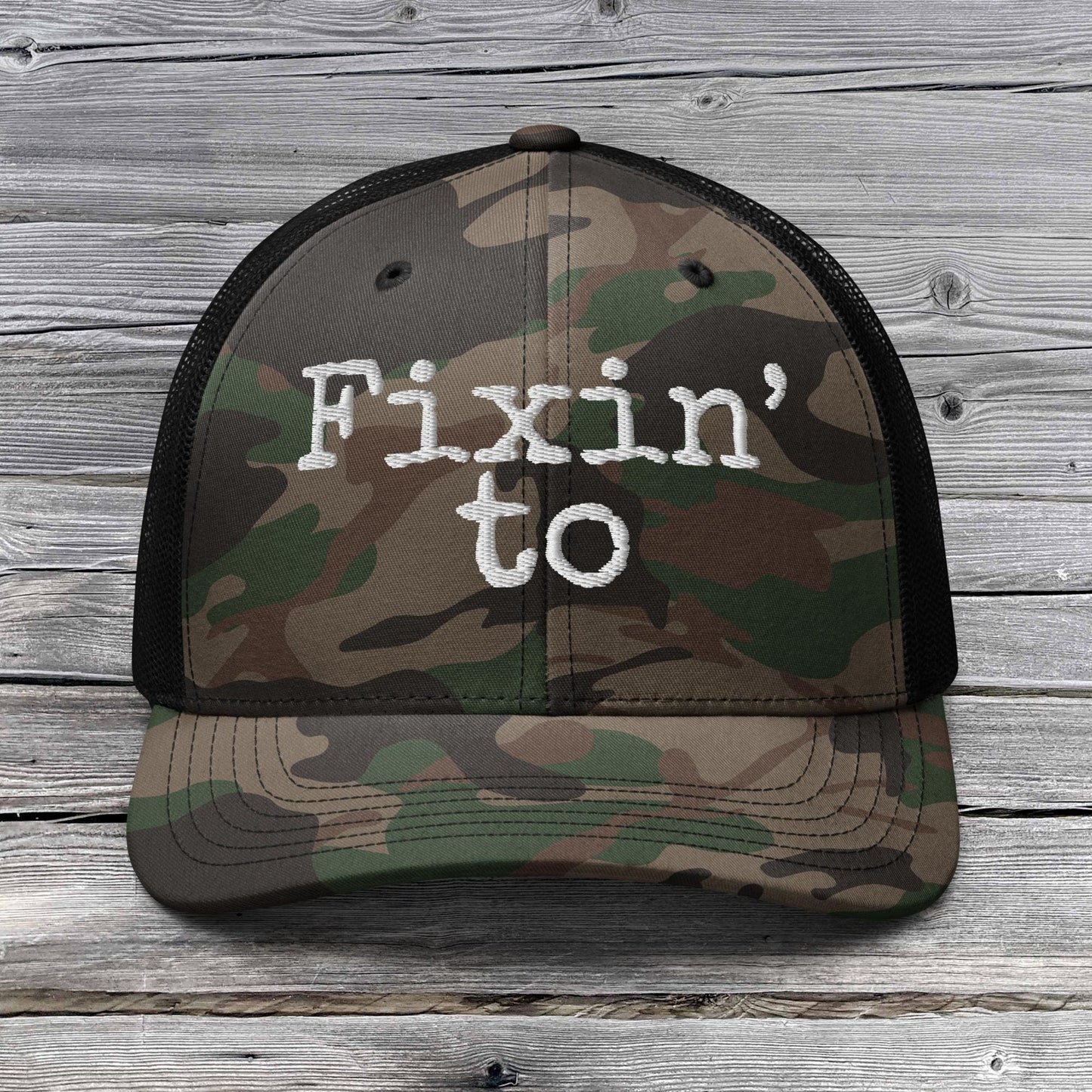 Funny Hat, Southern Saying Fixin' to Hat - Embroidered Cap, Country Southern Camouflage trucker hat, Camo Gifts for Him, Redneck Dad Gift