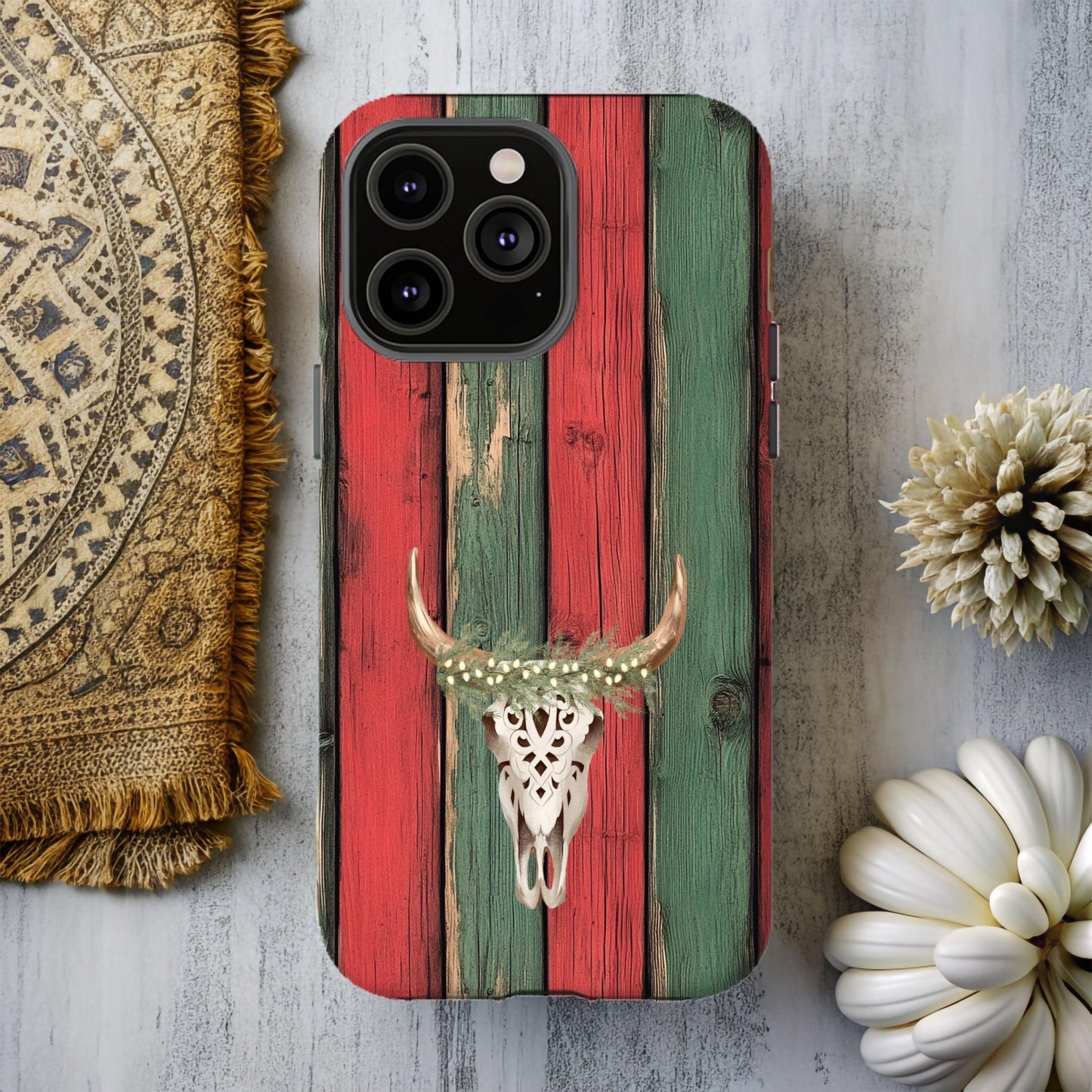 Western Christmas Phone Case, Country Xmas Cover, Cowboy Holiday Cell Accessory, Cowgirl Gifts for Her, Cow Skull, iPhone Samsung Google