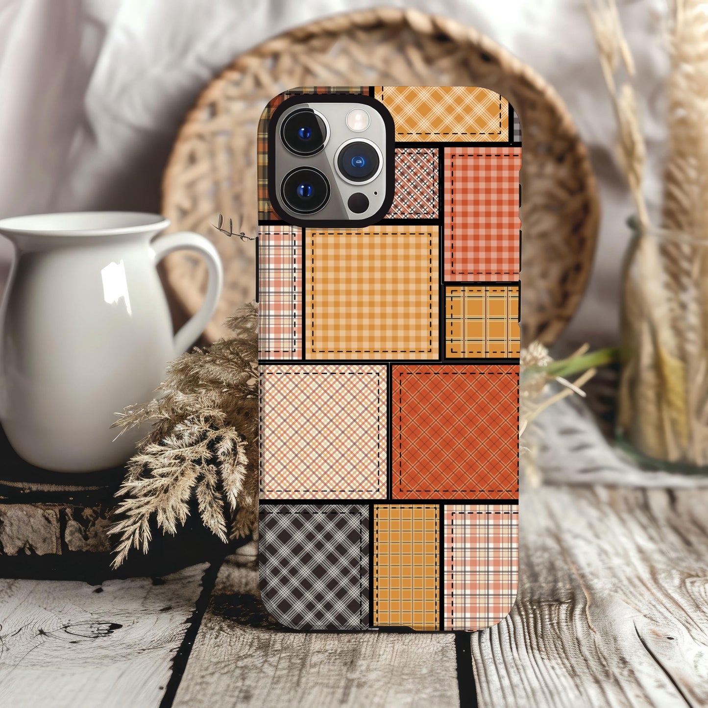 Fall Phone Case, Country Fall Cover, Autumn Patchwork Cell Accessory, Western Orange Plaid, Gifts for Her, Cowgirl Vibes, iPhone 16, Samsung