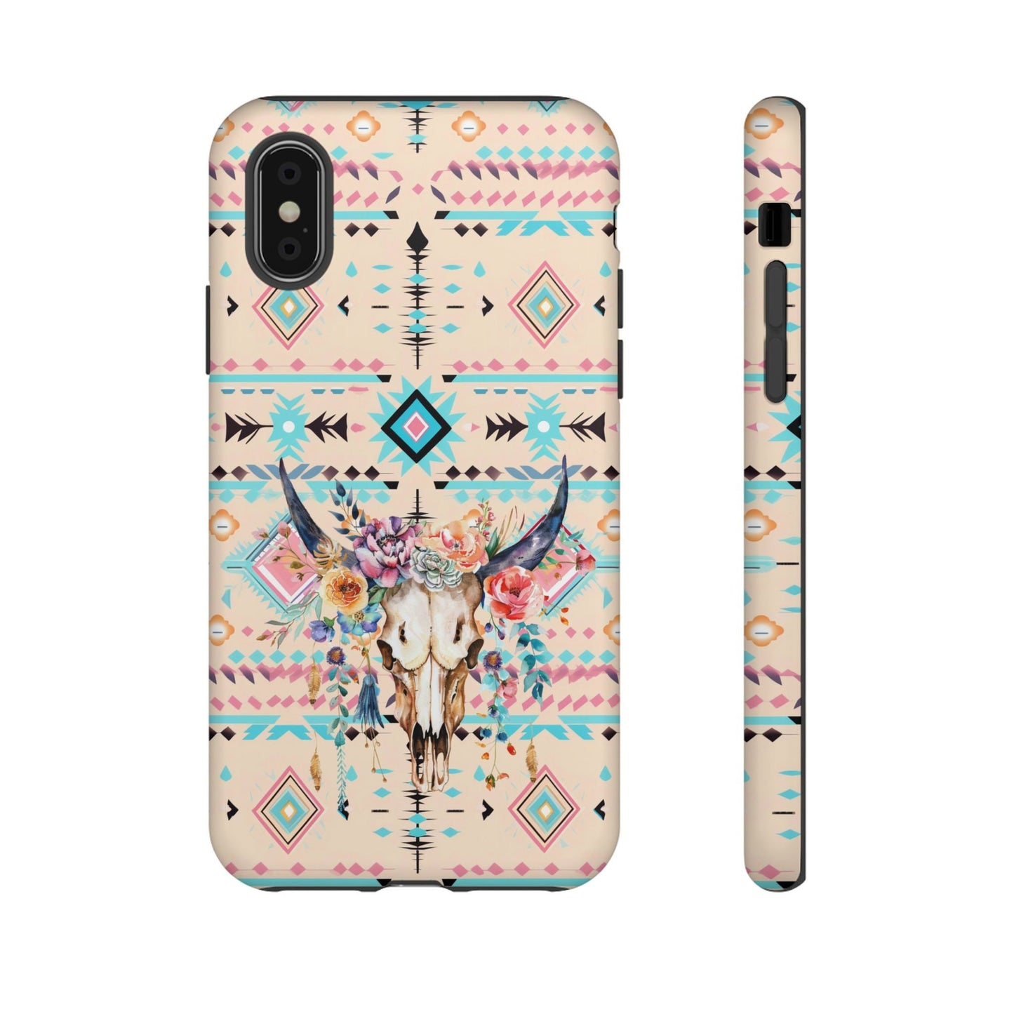 Pink Phone Case, Aztec Tribal Western Phone Case with Floral Cow Skull, Country Cowgirl Cover for iPhone 15 14 13 12 Samsung Ultra Google