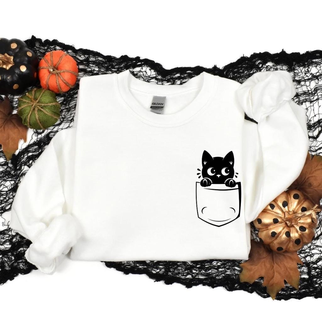 Halloween Shirt, Pocket Cat Sweatshirt, Spooky Boo Halloween Sweatshirt with Cute Trendy Kitty - Fun Trick or Treat Sweater Gifts for Her