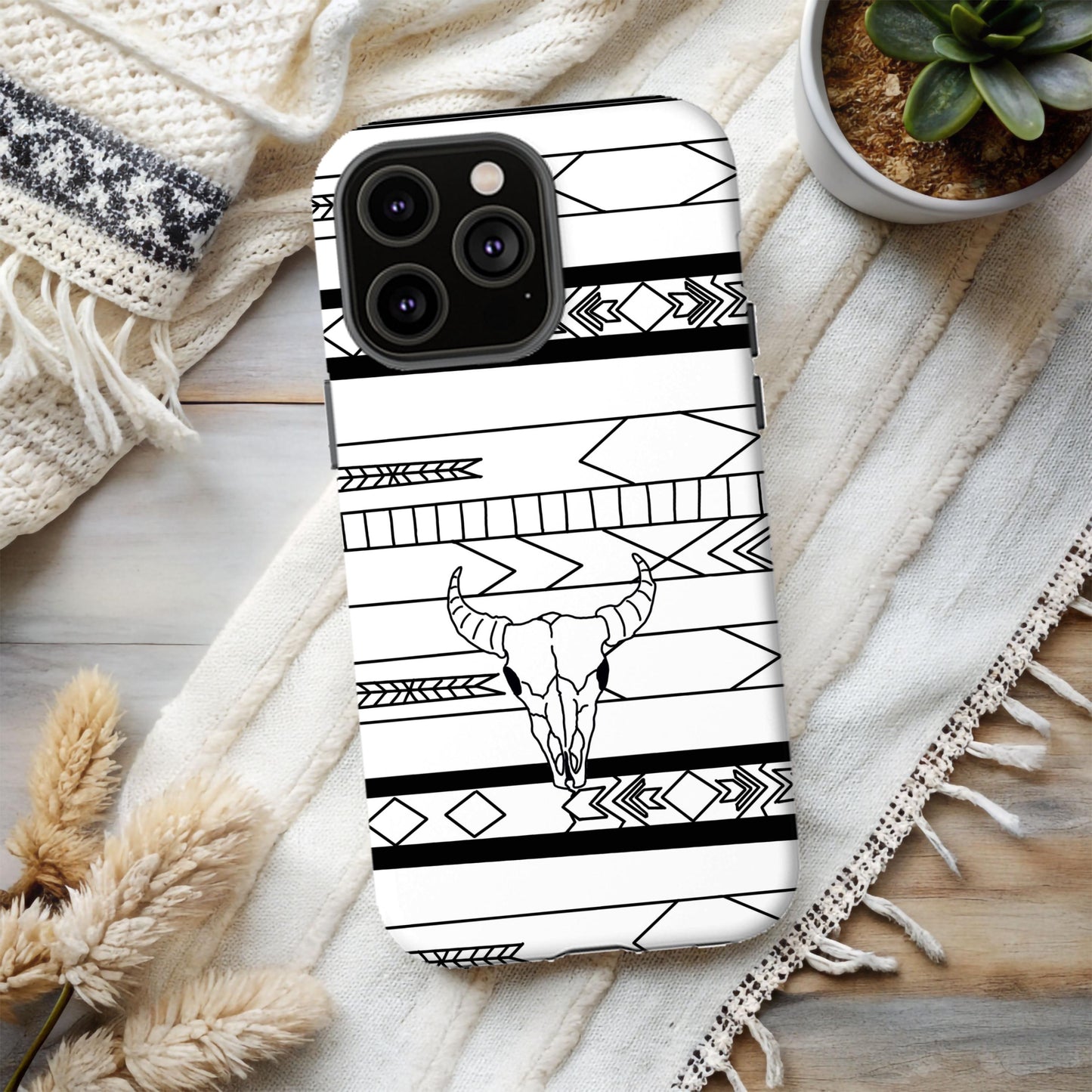 Phone Case, Western Phone Cover, Native American & Cow Skull Design for iPhone 15 14 13 12 Samsung Google Pixel, Cowgirl Gifts for her