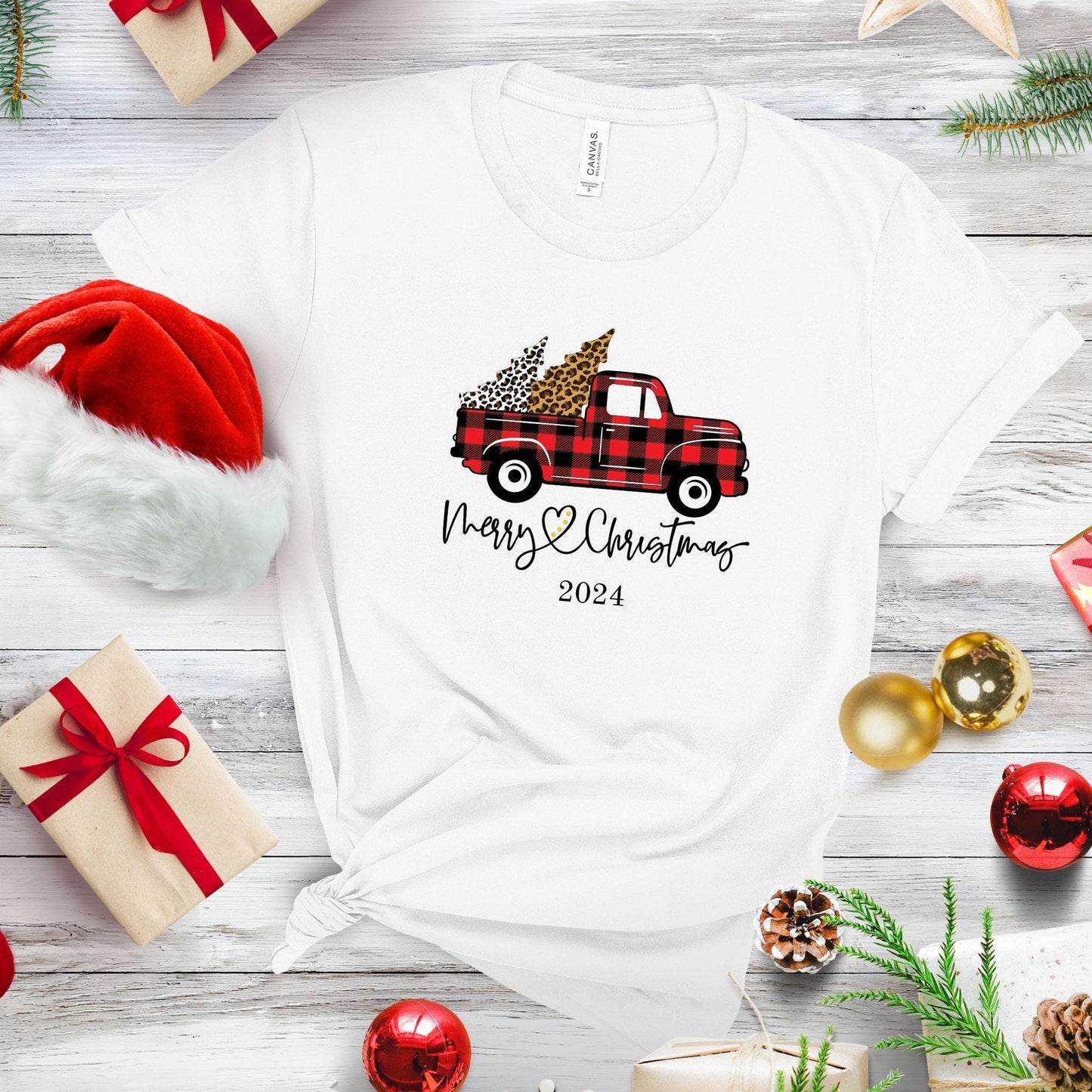 Christmas Shirt, 2024 Matching Family Christmas T-Shirts, Matching Family Christmas TShirts, Buffalo Plaid Pickup Truck Graphic Tee Gifts