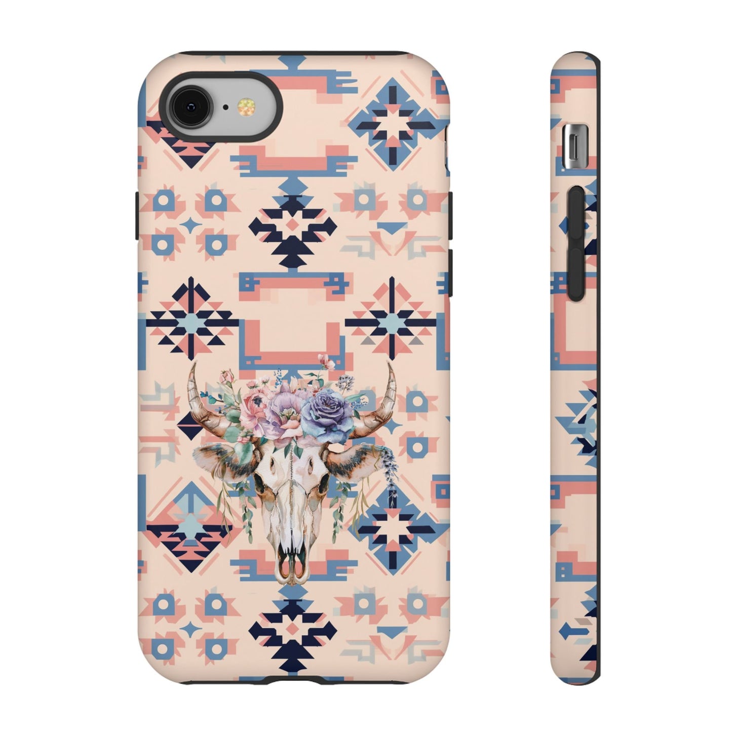 Phone Case, Cowgirl Case Pink Aztec Phone Cover with Boho Floral Cow Skull Design for iPhone 15 14 13 12 Samsung S23 S22 S21, Gifts for Her