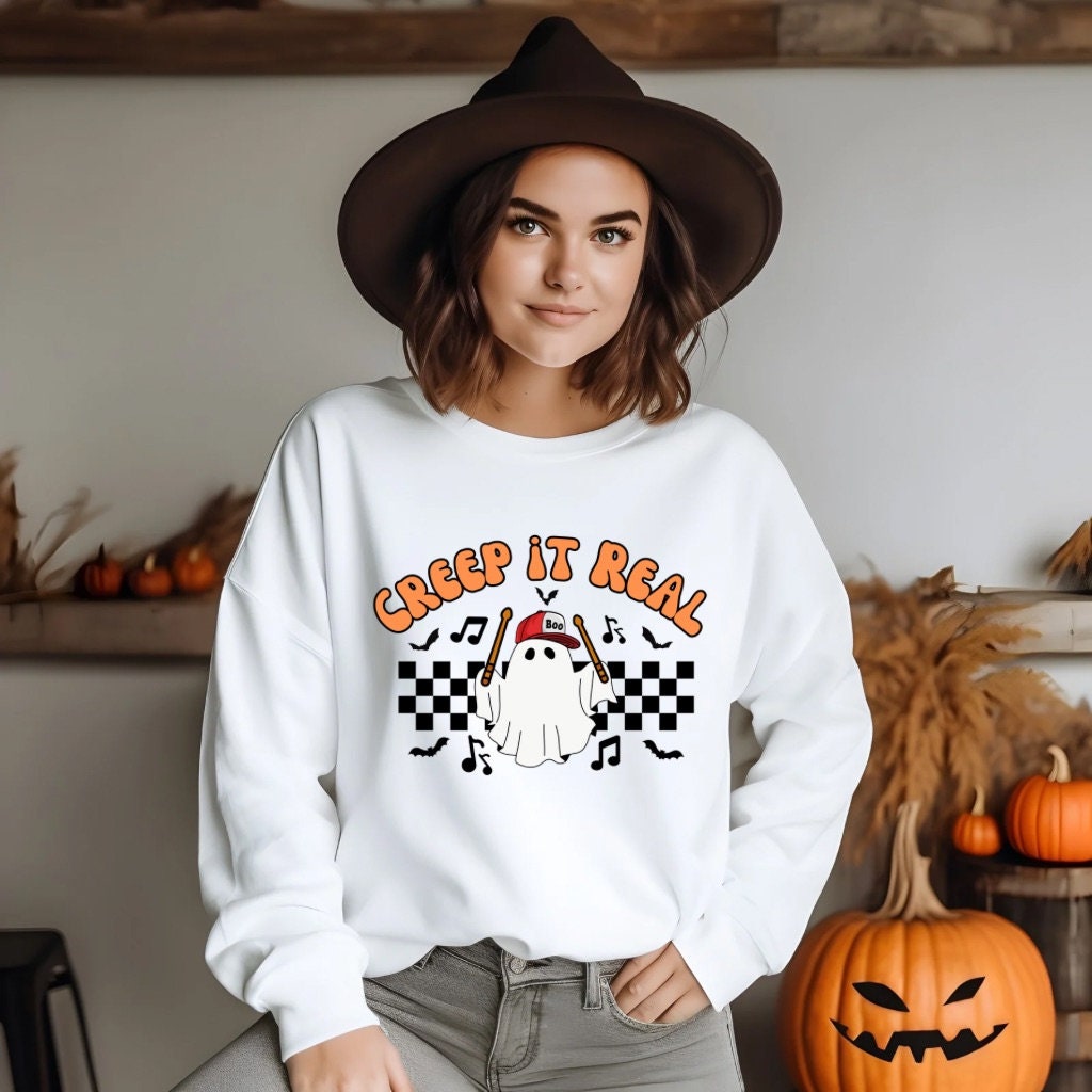 Halloween Sweatshirt Creep It Real Retro Drummer Ghost Halloween Shirt Musician Gift for Her