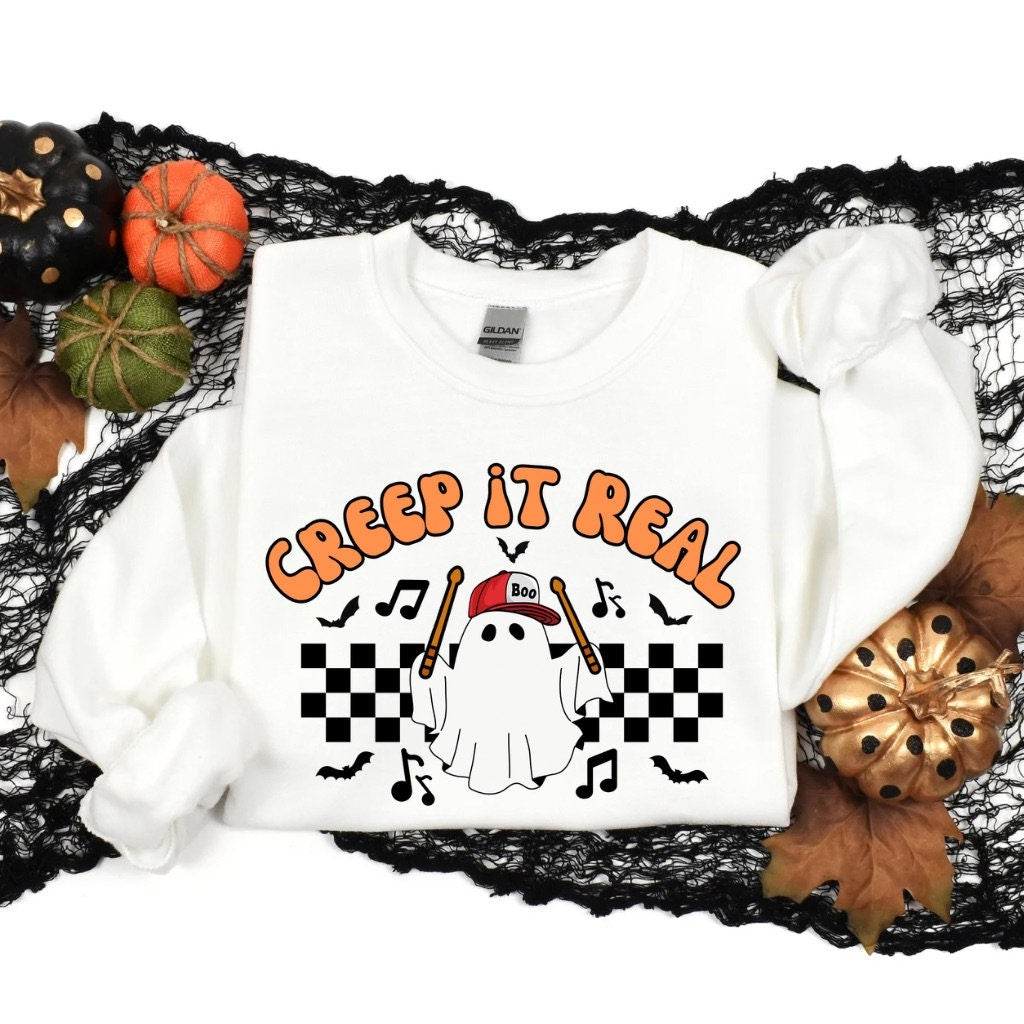 Halloween Sweatshirt Creep It Real Retro Drummer Ghost Halloween Shirt Musician Gift for Her