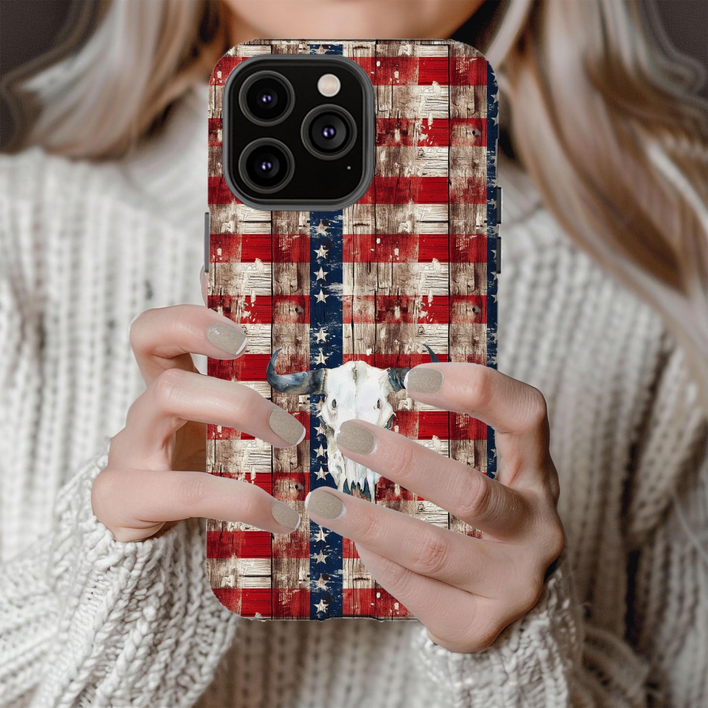 Western Phone Case, America Country Cover, USA Cowboy Patriotic Cell Accessory, Cowgirl Gifts for Her, American Flag Cow Skull, 4th of July