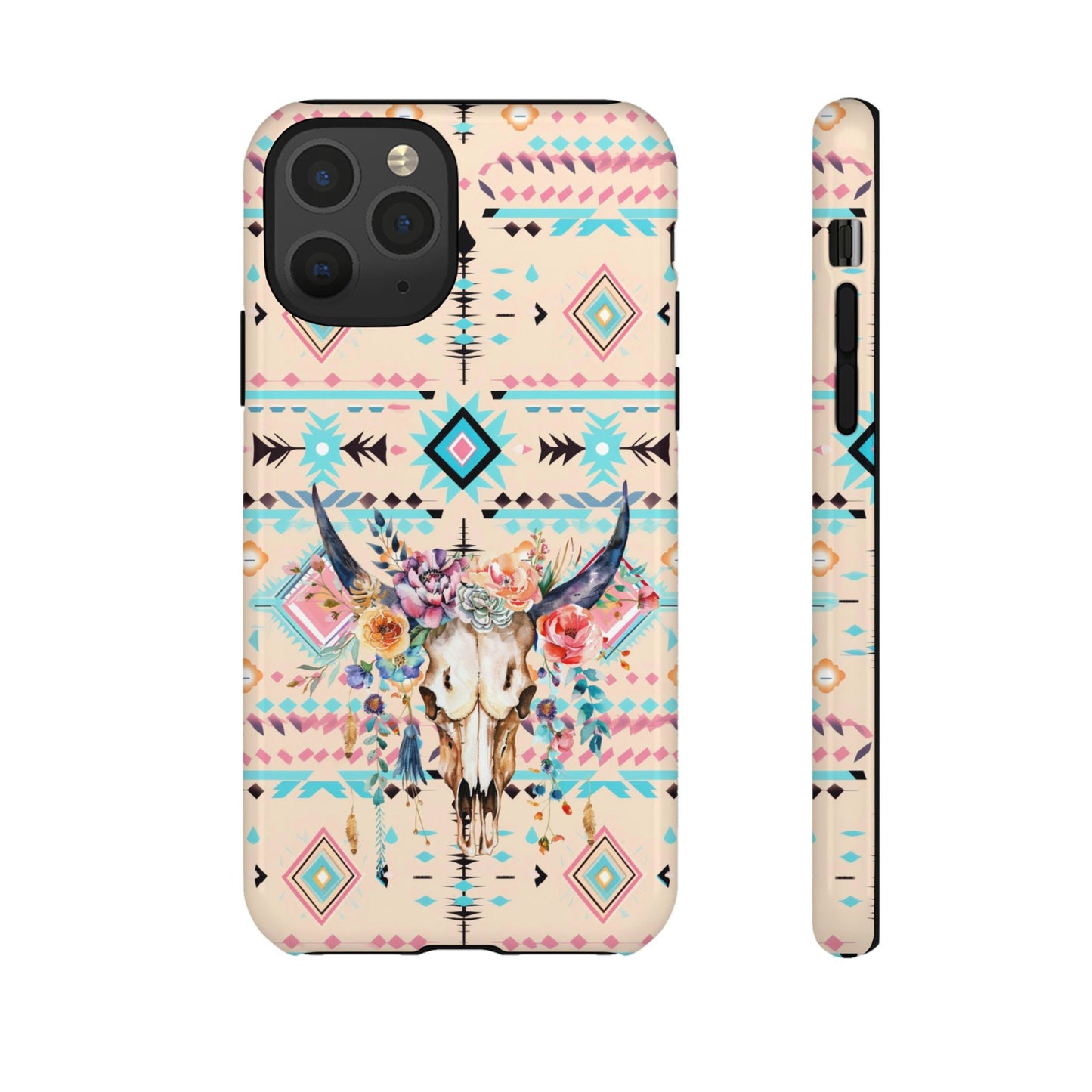 Pink Phone Case, Aztec Tribal Western Phone Case with Floral Cow Skull, Country Cowgirl Cover for iPhone 15 14 13 12 Samsung Ultra Google