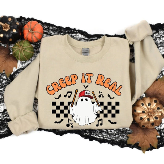 Halloween Sweatshirt Creep It Real Retro Drummer Ghost Halloween Shirt Musician Gift for Her