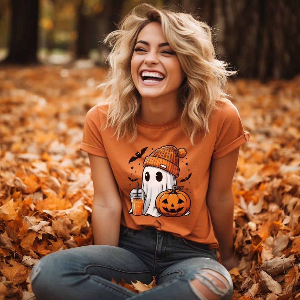 Halloween Shirt Cute Coffee Ghost T-Shirt Trendy Spooky Halloween Unisex Tee Gifts for Her