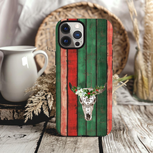 Western Christmas Phone Case, Country Xmas Cover, Cowboy Holiday Cell Accessory, Cowgirl Gift for Her, Festive Cow Skull, iPhone 16, Samsung