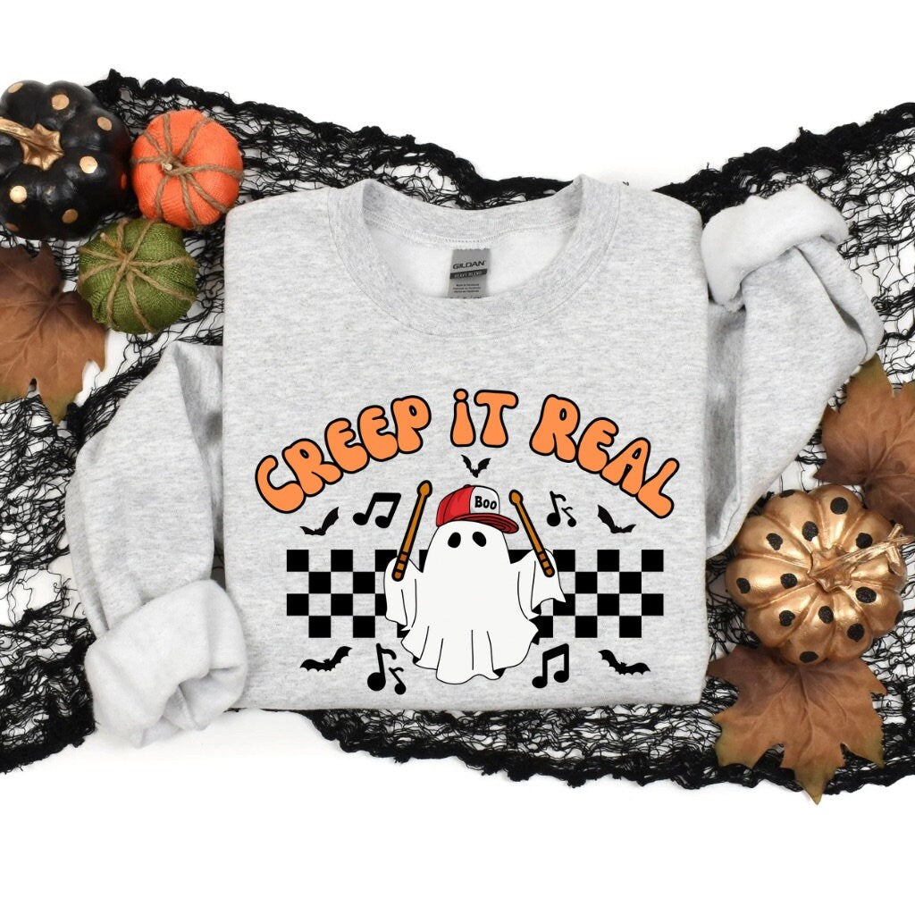 Halloween Sweatshirt Creep It Real Retro Drummer Ghost Halloween Shirt Musician Gift for Her