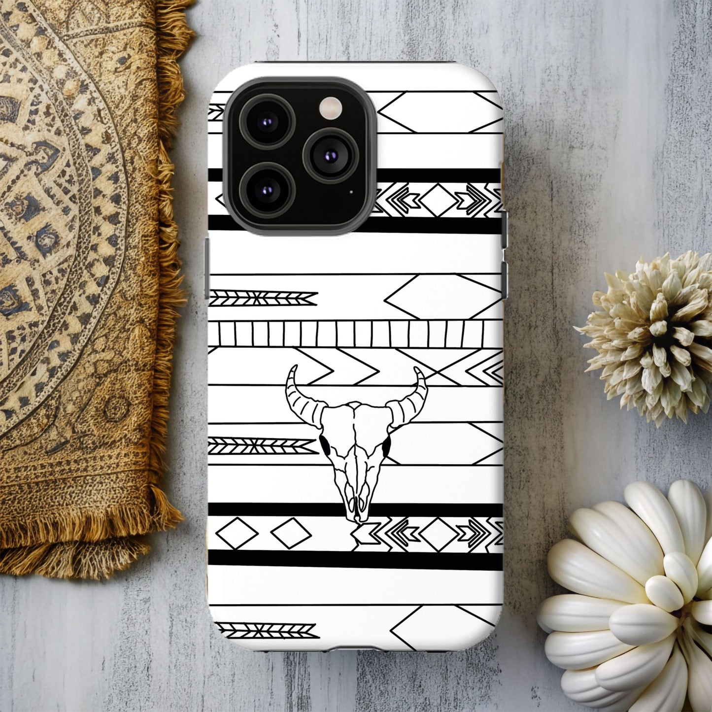 Phone Case, Western Phone Cover, Native American & Cow Skull Design for iPhone 15 14 13 12 Samsung Google Pixel, Cowgirl Gifts for her