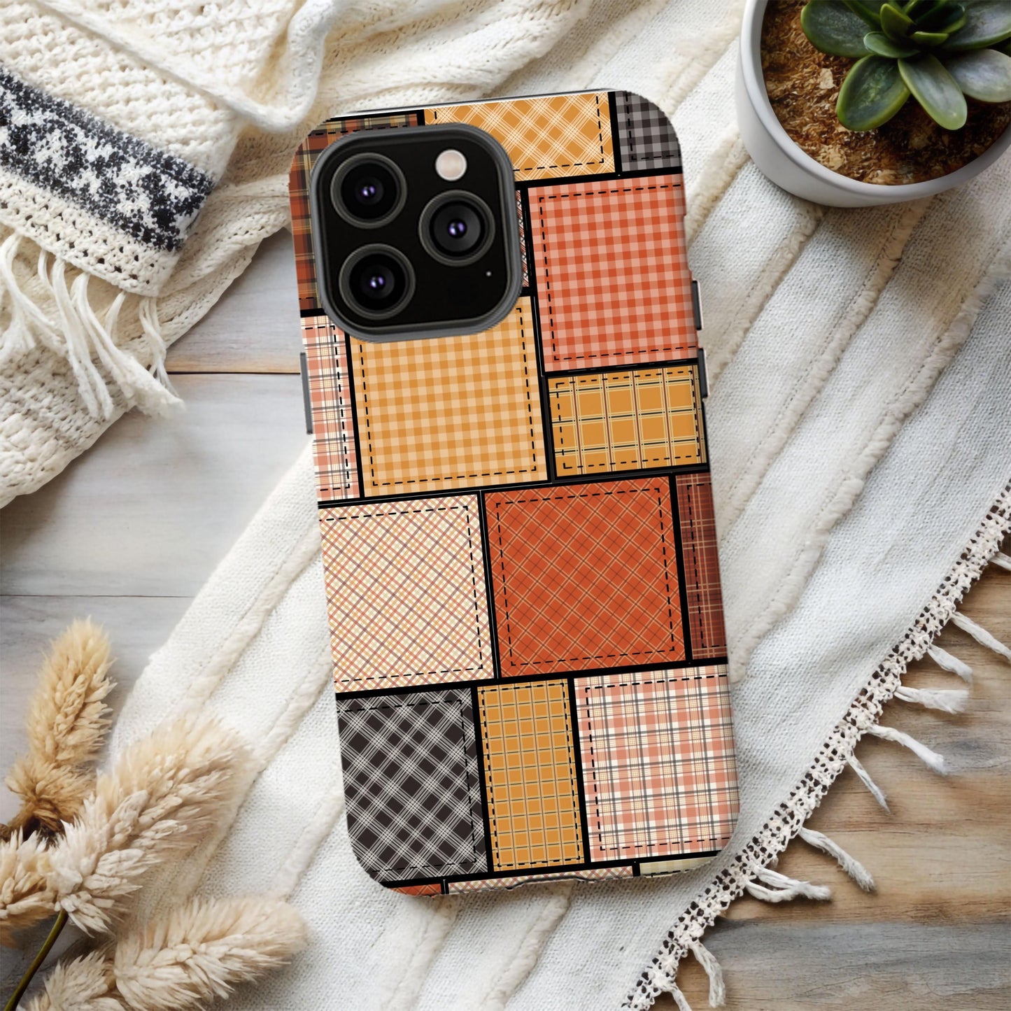 Fall Phone Case, Country Fall Cover, Autumn Patchwork Cell Accessory, Western Orange Plaid, Gifts for Her, Cowgirl Vibes, iPhone 16, Samsung