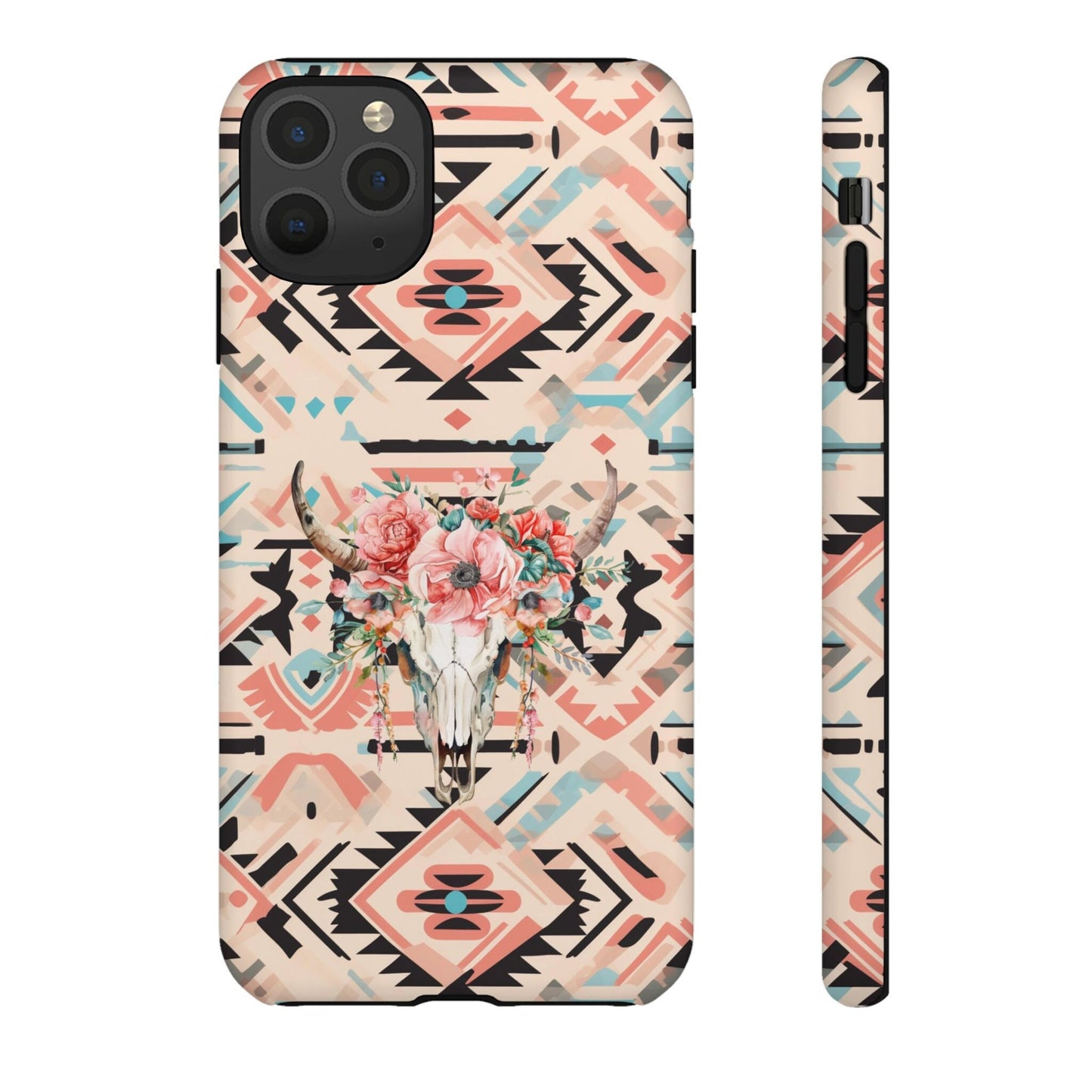 Phone Case, Pink Western Phone Case with Floral Cow Skull - Cowgirl Aesthetic Cover for iPhone 15 14 13 12 Samsung Ultra, Gifts for Her