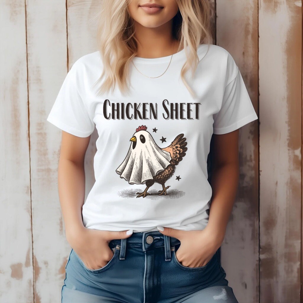 Chicken Halloween Shirt Western Halloween Shirt Chicken Sheet T-Shirt Ghost Cowboy Hat and Guitar Graphic Tee