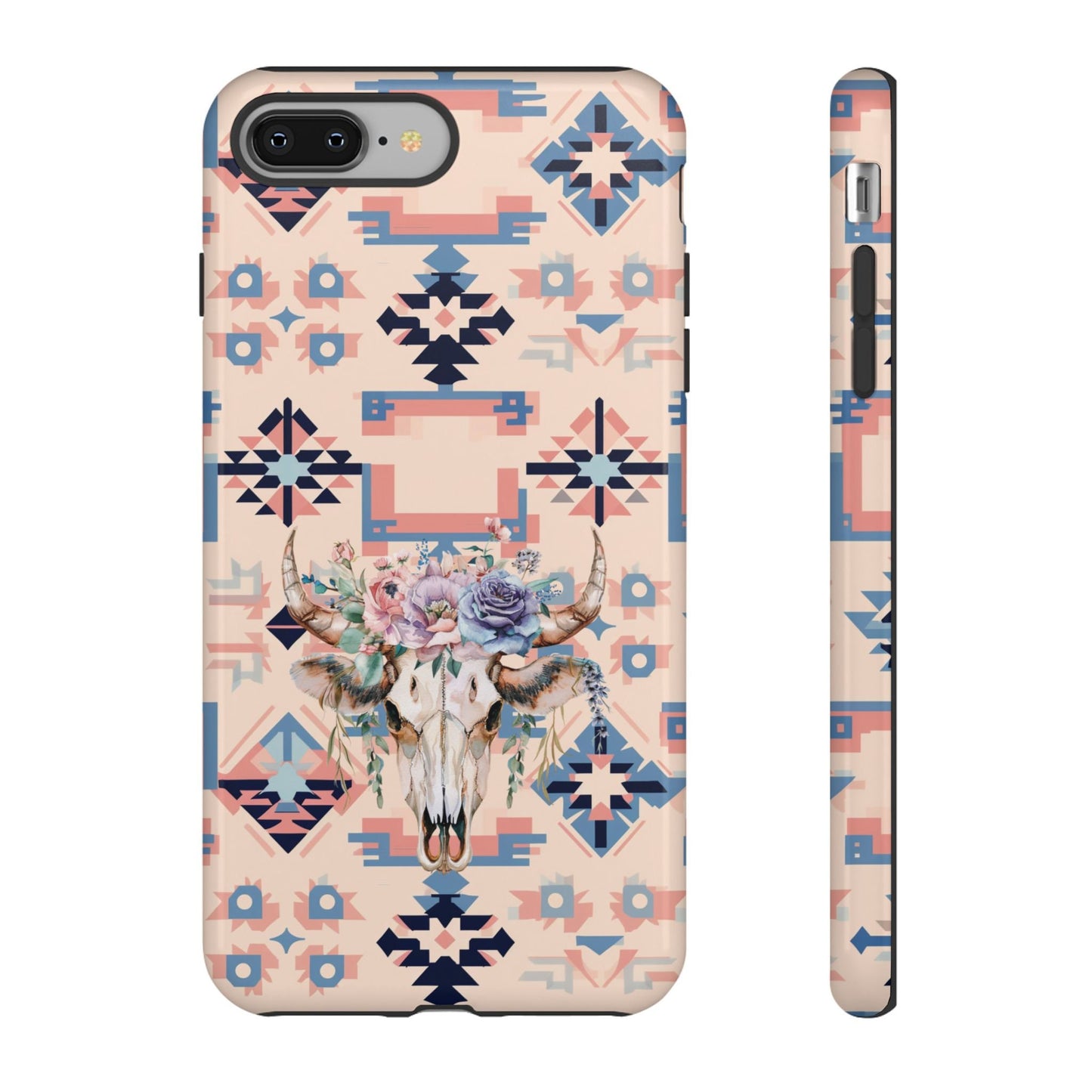 Phone Case, Cowgirl Case Pink Aztec Phone Cover with Boho Floral Cow Skull Design for iPhone 15 14 13 12 Samsung S23 S22 S21, Gifts for Her