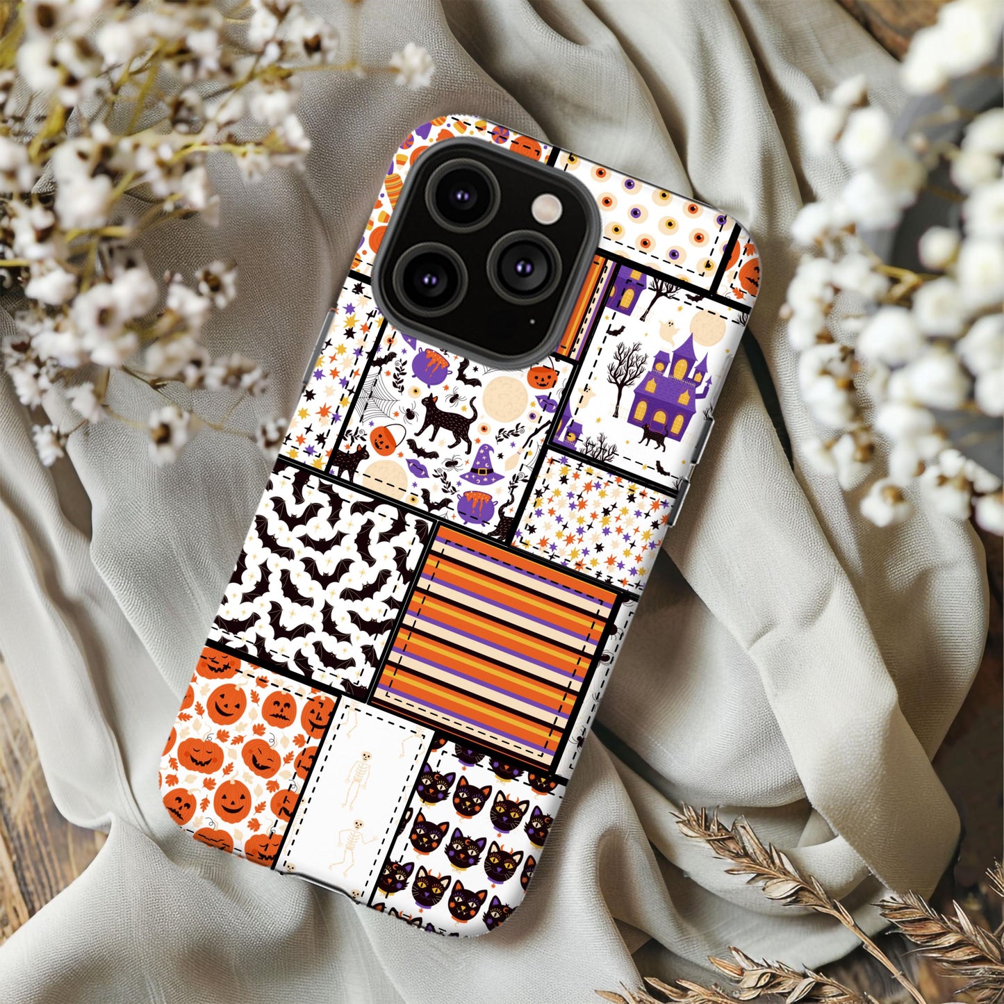 Cute Halloween Phone Case, Country Fall Cover, Cowboy Autumn Phone Accessory, Orange Patchwork Quilt, Gifts for Her, iPhone 16 15, Samsung