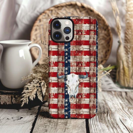 Western Phone Case, America Country Cover, USA Cowboy Patriotic Cell Accessory, Cowgirl Gifts for Her, American Flag Cow Skull, 4th of July