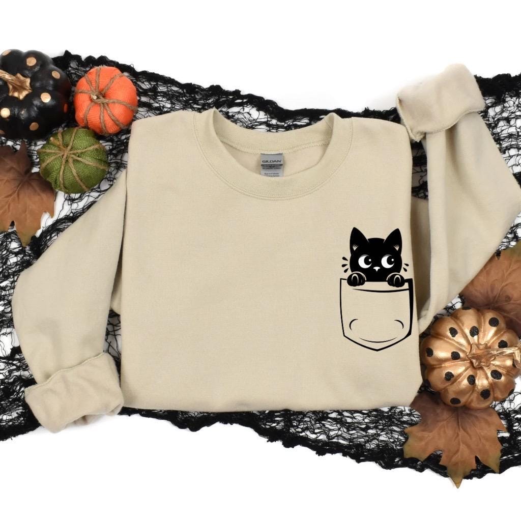 Halloween Shirt, Pocket Cat Sweatshirt, Spooky Boo Halloween Sweatshirt with Cute Trendy Kitty - Fun Trick or Treat Sweater Gifts for Her