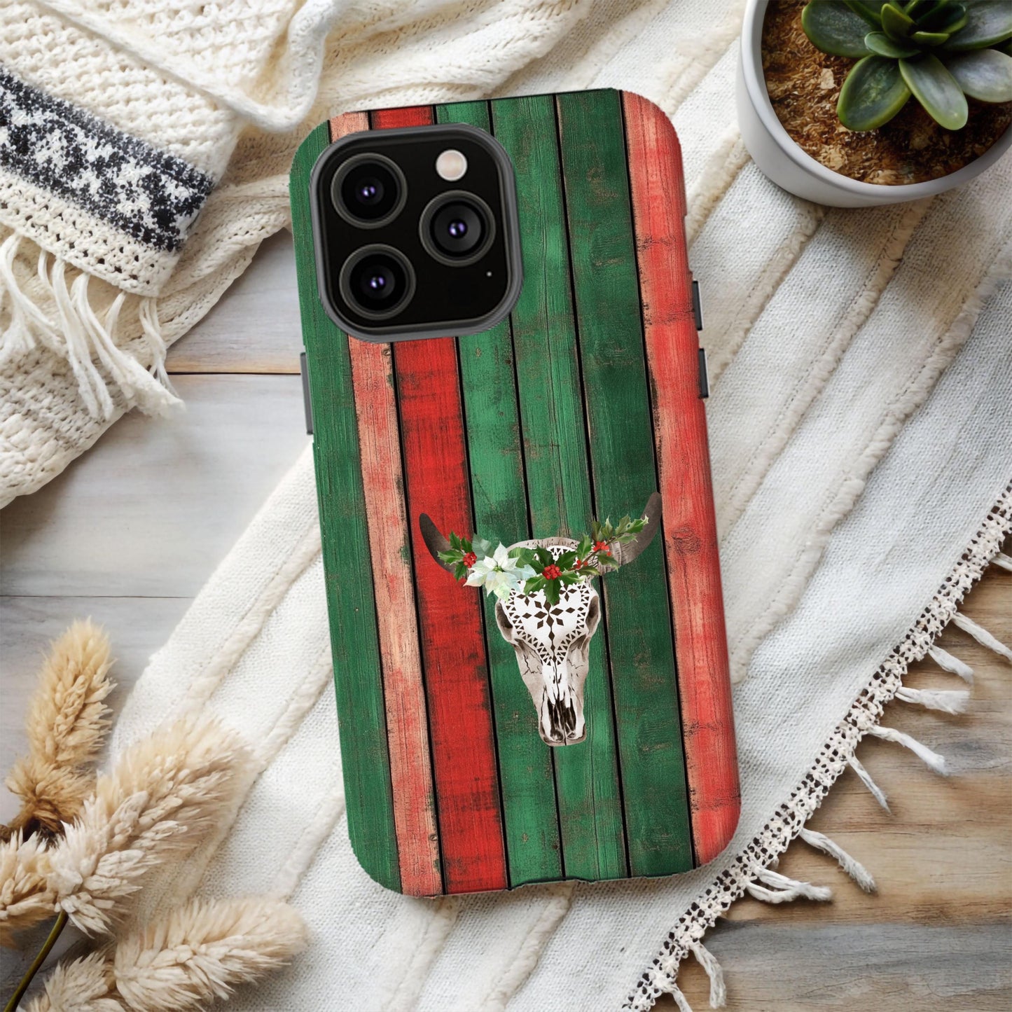 Western Christmas Phone Case, Country Xmas Cover, Cowboy Holiday Cell Accessory, Cowgirl Gift for Her, Festive Cow Skull, iPhone 16, Samsung