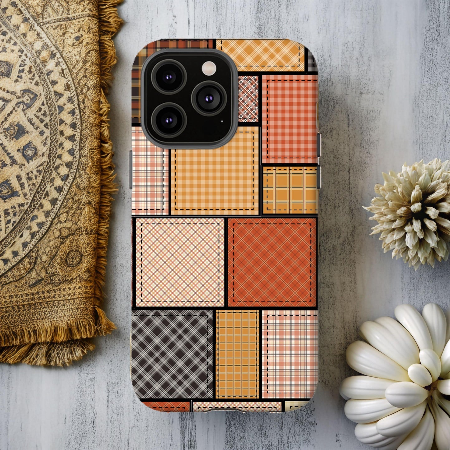 Fall Phone Case, Country Fall Cover, Autumn Patchwork Cell Accessory, Western Orange Plaid, Gifts for Her, Cowgirl Vibes, iPhone 16, Samsung