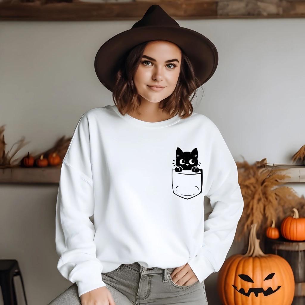 Halloween Shirt, Pocket Cat Sweatshirt, Spooky Boo Halloween Sweatshirt with Cute Trendy Kitty - Fun Trick or Treat Sweater Gifts for Her