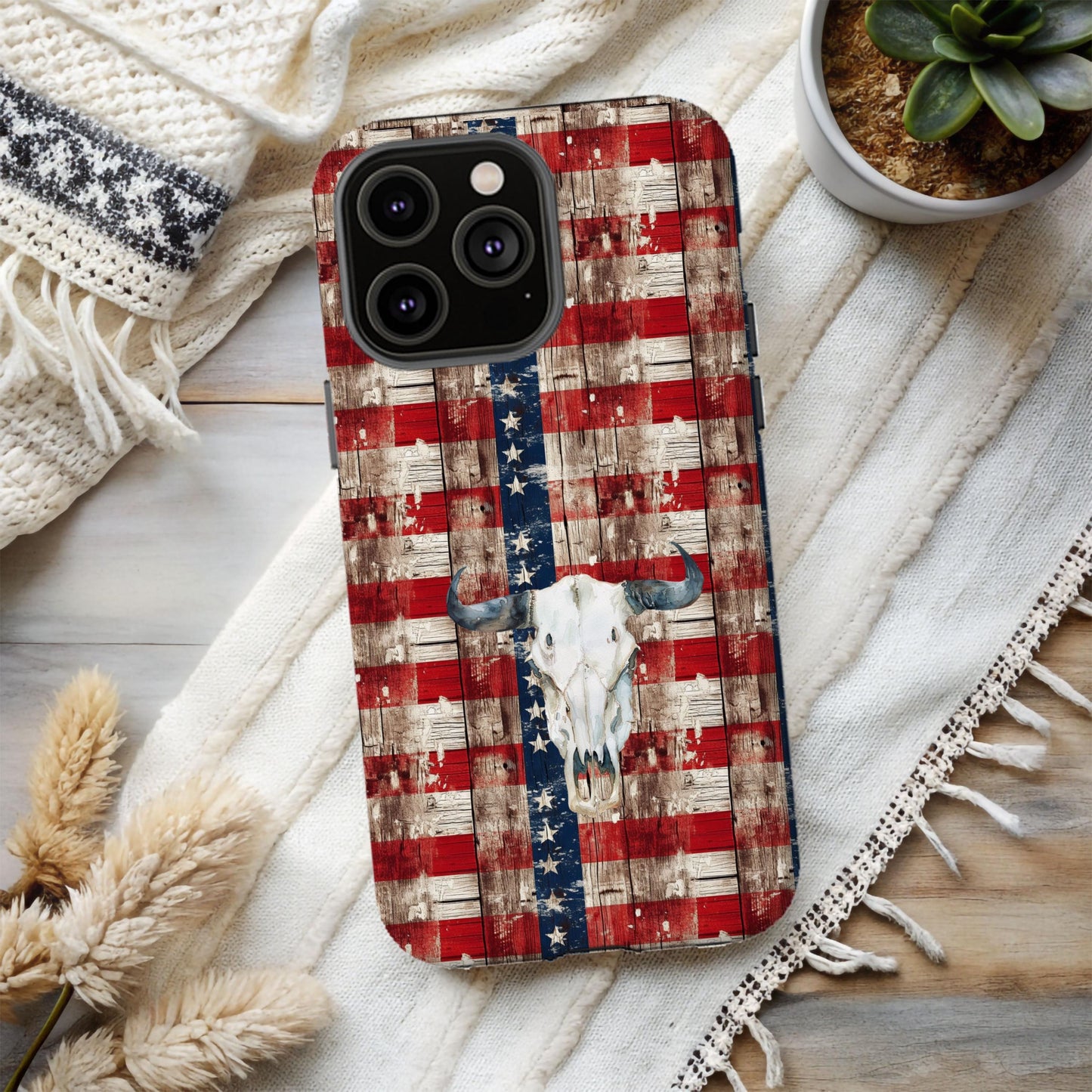 Western Phone Case, America Country Cover, USA Cowboy Patriotic Cell Accessory, Cowgirl Gifts for Her, American Flag Cow Skull, 4th of July