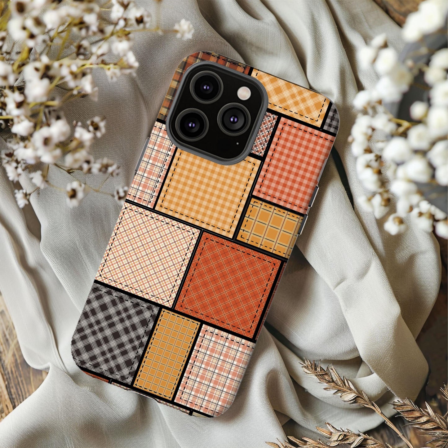 Fall Phone Case, Country Fall Cover, Autumn Patchwork Cell Accessory, Western Orange Plaid, Gifts for Her, Cowgirl Vibes, iPhone 16, Samsung