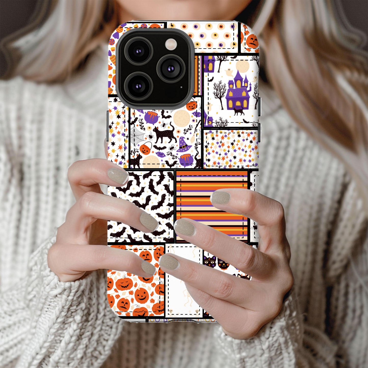 Cute Halloween Phone Case, Country Fall Cover, Cowboy Autumn Phone Accessory, Orange Patchwork Quilt, Gifts for Her, iPhone 16 15, Samsung