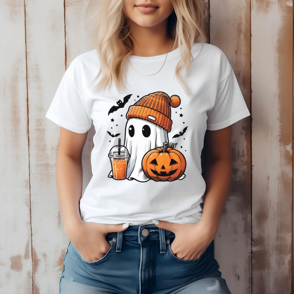 Halloween Shirt Cute Coffee Ghost T-Shirt Trendy Spooky Halloween Unisex Tee Gifts for Her