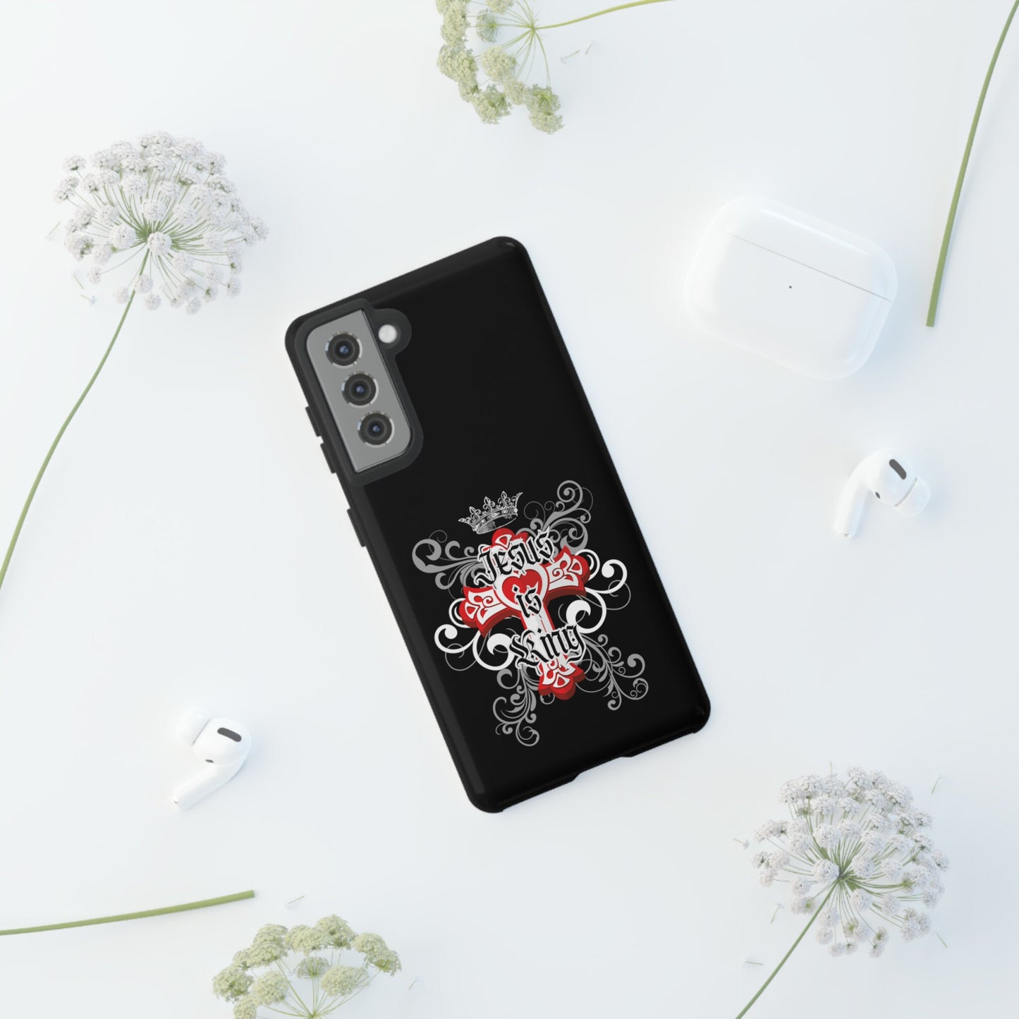 “Jesus is King” Phone Case for iPhone 15 14 13 12 11 Ultra Samsung Galaxy Cross Cover | Unique Gift