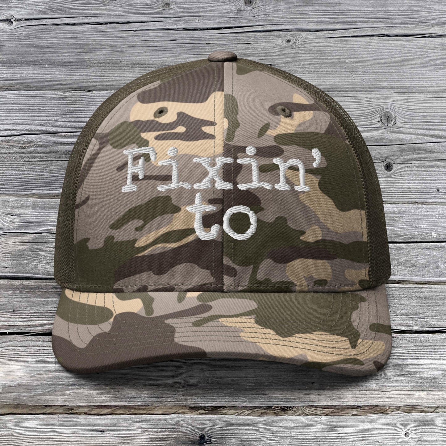 Funny Hat, Southern Saying Fixin' to Hat - Embroidered Cap, Country Southern Camouflage trucker hat, Camo Gifts for Him, Redneck Dad Gift