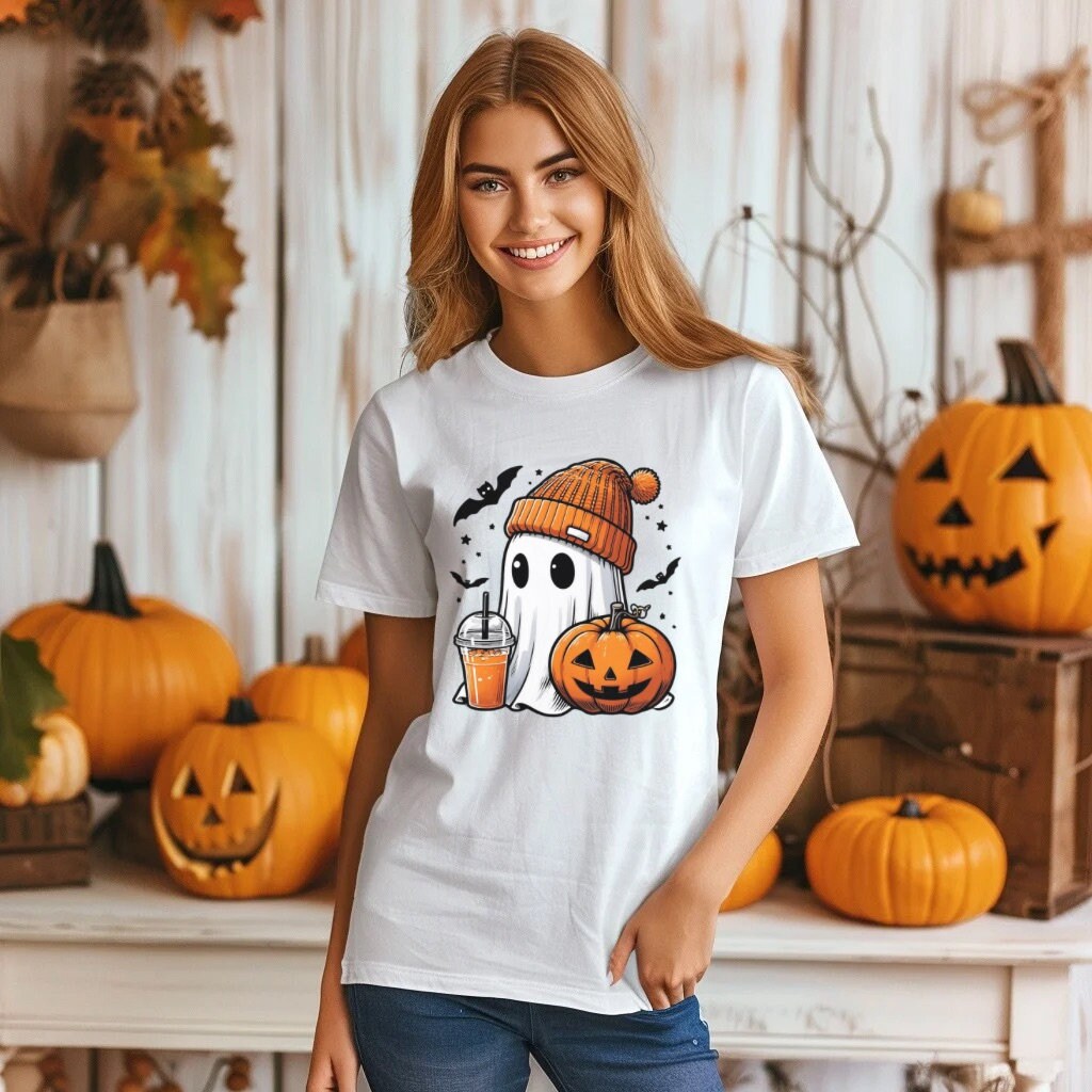 Halloween Shirt Cute Coffee Ghost T-Shirt Trendy Spooky Halloween Unisex Tee Gifts for Her