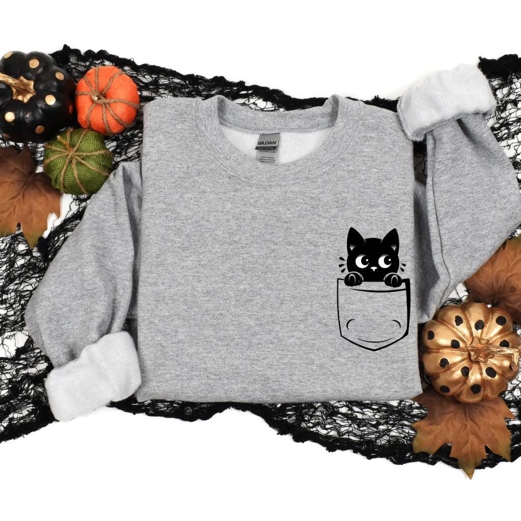 Halloween Shirt, Pocket Cat Sweatshirt, Spooky Boo Halloween Sweatshirt with Cute Trendy Kitty - Fun Trick or Treat Sweater Gifts for Her