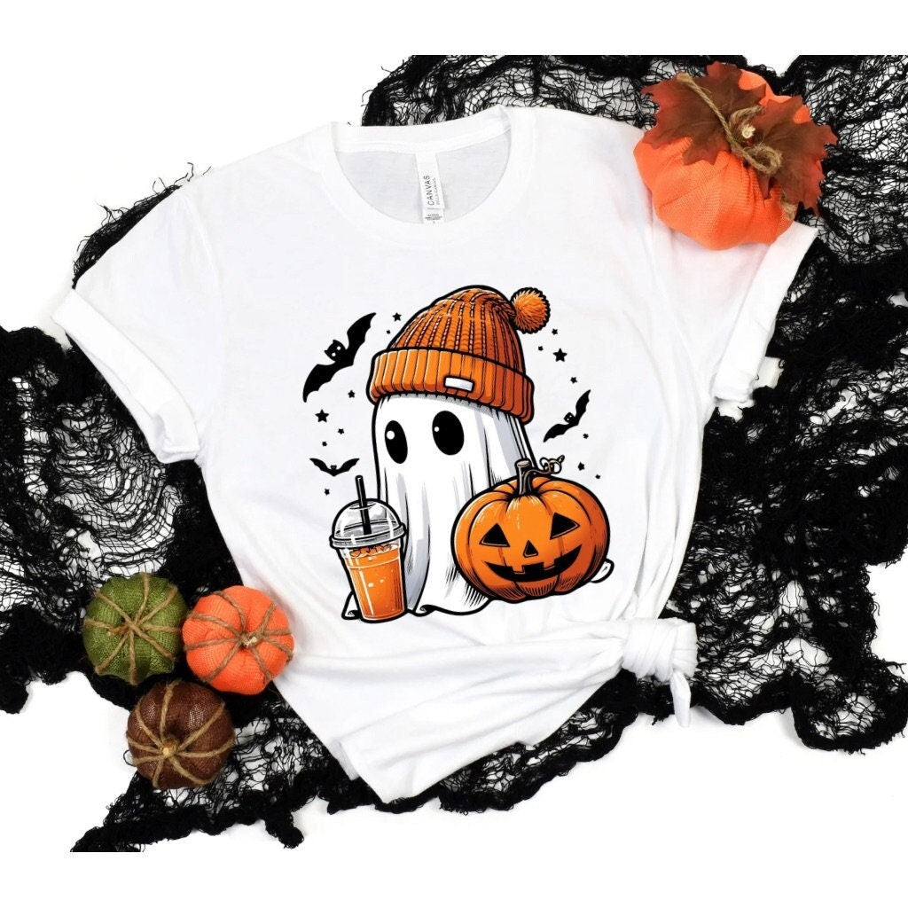 Halloween Shirt Cute Coffee Ghost T-Shirt Trendy Spooky Halloween Unisex Tee Gifts for Her