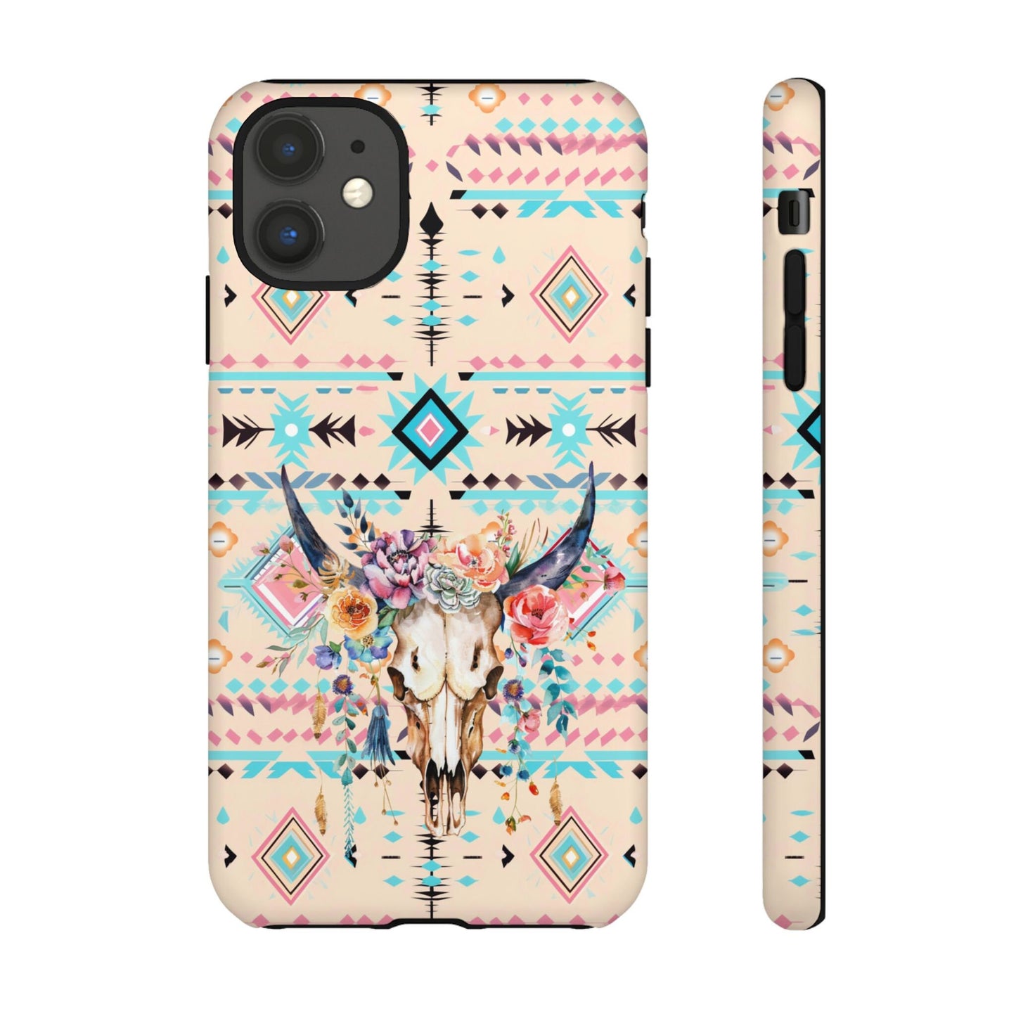 Pink Phone Case, Aztec Tribal Western Phone Case with Floral Cow Skull, Country Cowgirl Cover for iPhone 15 14 13 12 Samsung Ultra Google