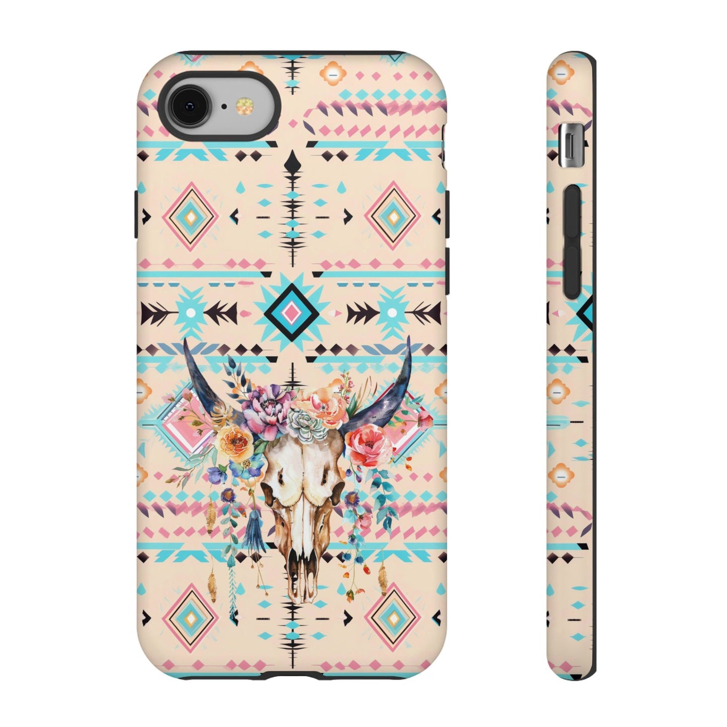 Pink Phone Case, Aztec Tribal Western Phone Case with Floral Cow Skull, Country Cowgirl Cover for iPhone 15 14 13 12 Samsung Ultra Google