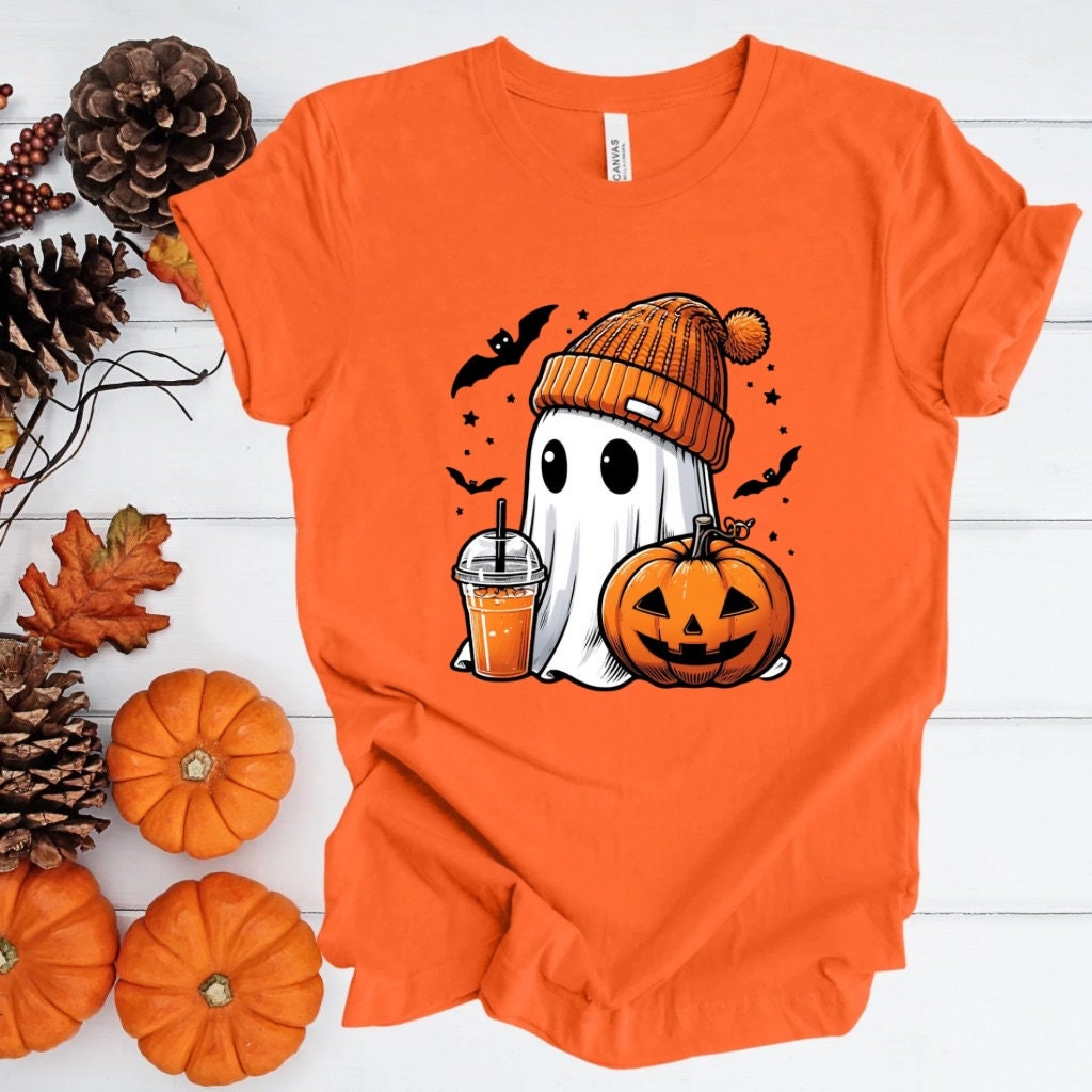 Halloween Shirt Cute Coffee Ghost T-Shirt Trendy Spooky Halloween Unisex Tee Gifts for Her