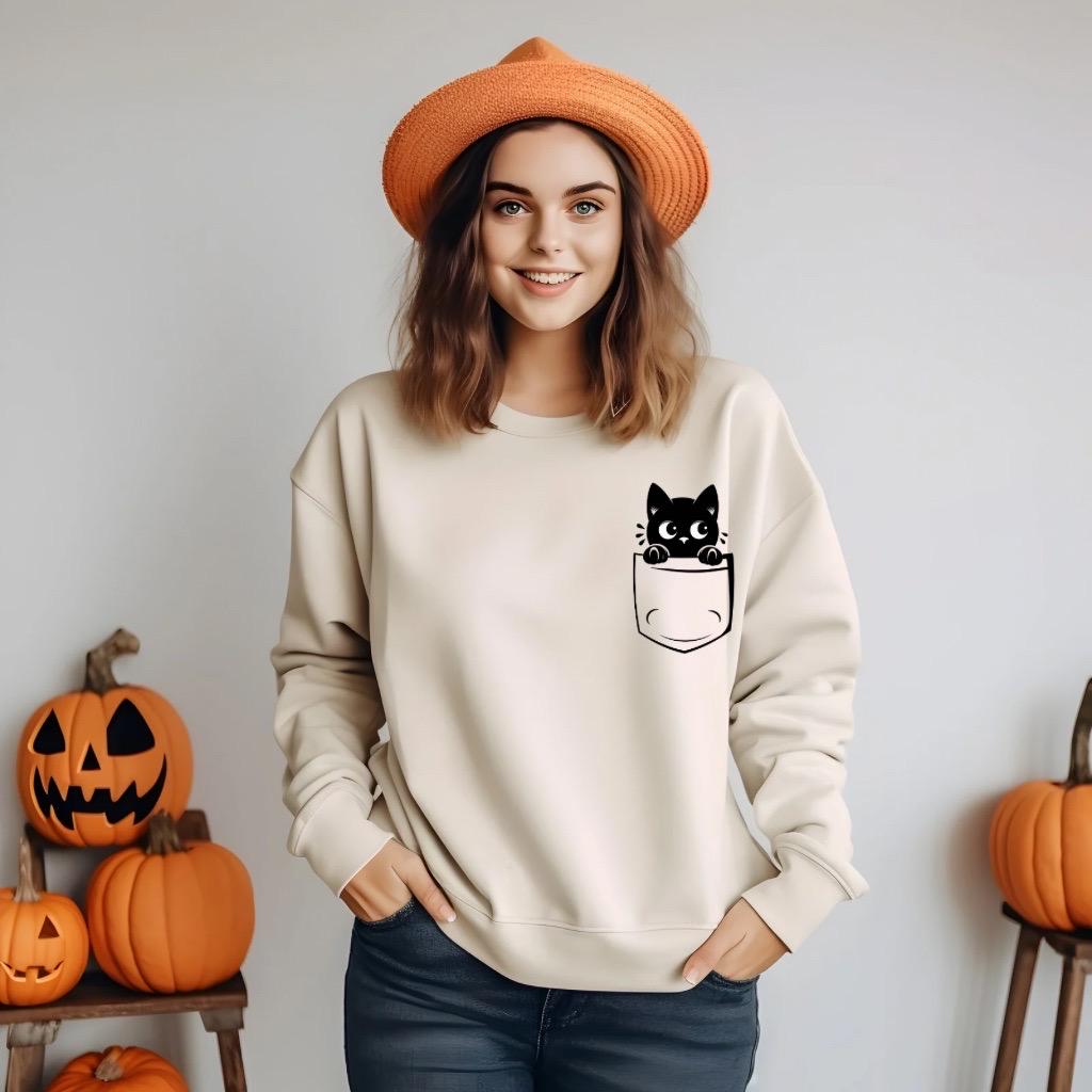 Halloween Shirt, Pocket Cat Sweatshirt, Spooky Boo Halloween Sweatshirt with Cute Trendy Kitty - Fun Trick or Treat Sweater Gifts for Her