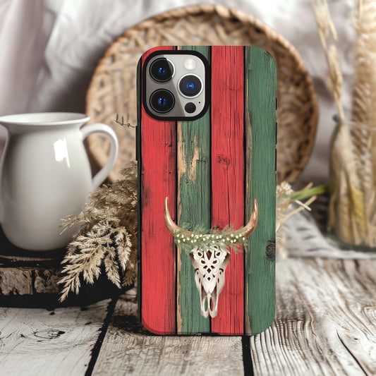 Western Christmas Phone Case, Country Xmas Cover, Cowboy Holiday Cell Accessory, Cowgirl Gifts for Her, Cow Skull, iPhone Samsung Google