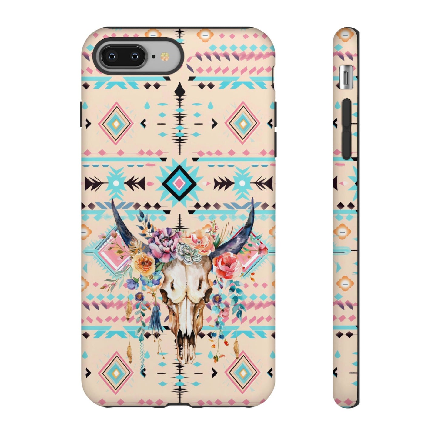 Pink Phone Case, Aztec Tribal Western Phone Case with Floral Cow Skull, Country Cowgirl Cover for iPhone 15 14 13 12 Samsung Ultra Google