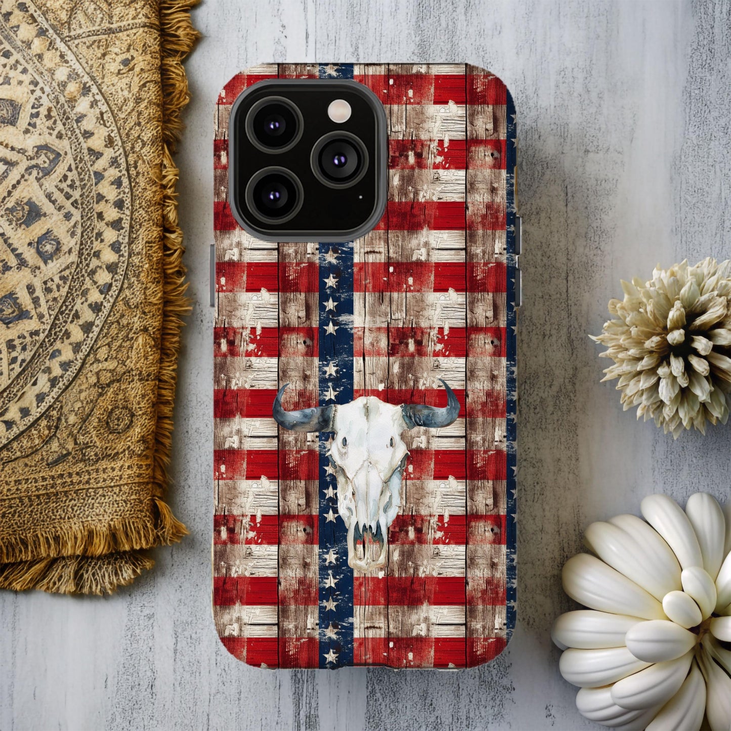 Western Phone Case, America Country Cover, USA Cowboy Patriotic Cell Accessory, Cowgirl Gifts for Her, American Flag Cow Skull, 4th of July