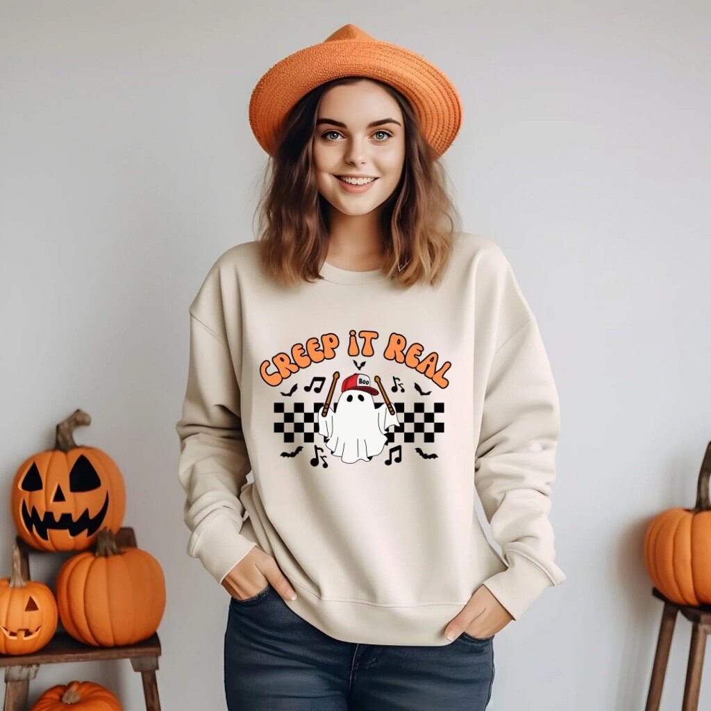 Halloween Sweatshirt Creep It Real Retro Drummer Ghost Halloween Shirt Musician Gift for Her