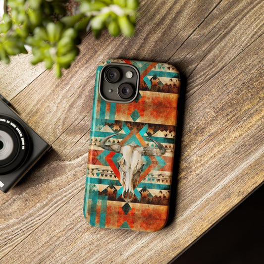 Phone Case, Cowgirl Cell Phone Cover - Western Phone Case Aztec Design Cow Skull For iPhone 15 14 13 12 Samsung Ultra Google, Gifts for Her